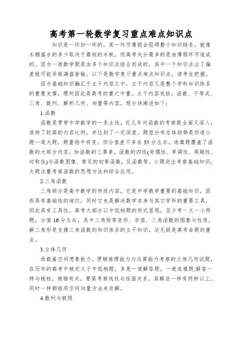高考第一轮数学复习重点难点知识点