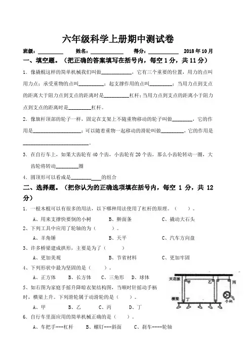 教科版六年级科学上册期中试卷(附答案)