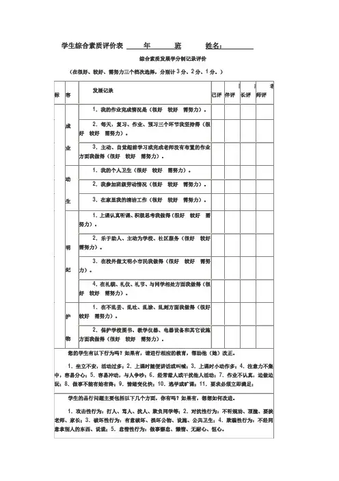 学生综合素质评价表