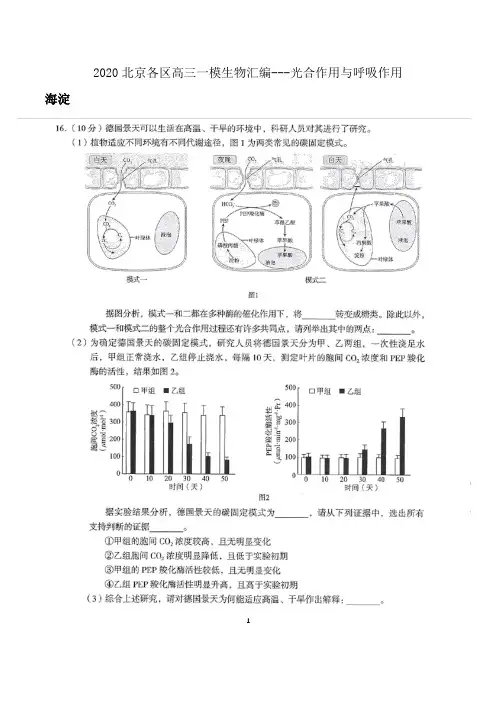 2020北京各区高三一模生物汇编---光合作用与呼吸作用 (含答案)