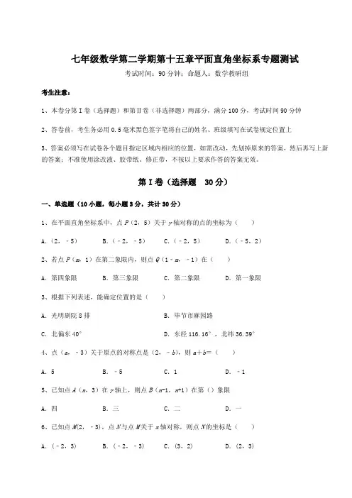 2021-2022学年度沪教版七年级数学第二学期第十五章平面直角坐标系专题测试试题(含答案解析)