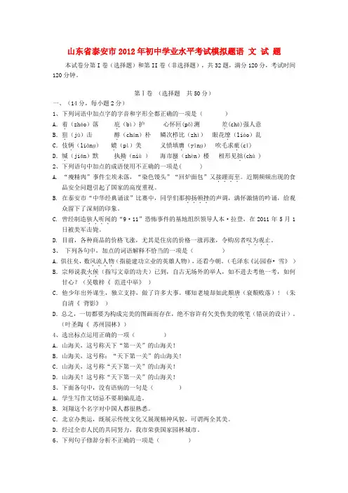 山东省泰安市初中语文学业水平考试模拟题试题 人教新课标版