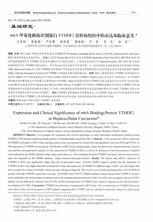 m6A甲基化修饰识别蛋白YTHDF2在肝癌组织中的表达及临床意义