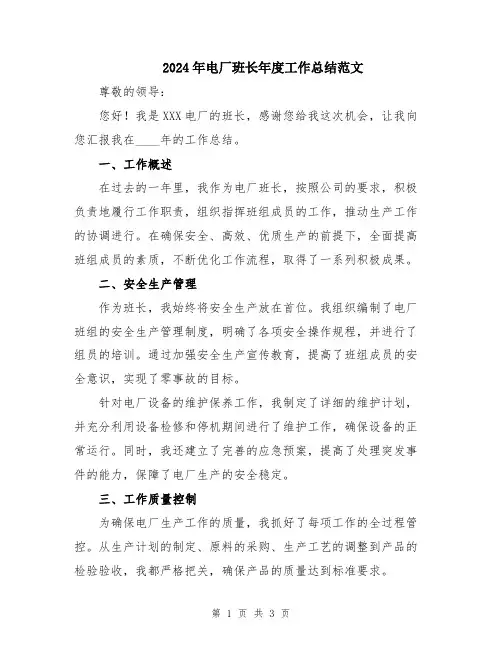 2024年电厂班长年度工作总结范文