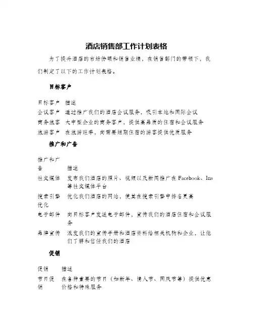 酒店销售部工作计划表格