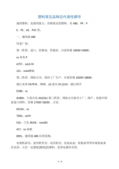 塑料常见品种及代表性牌号
