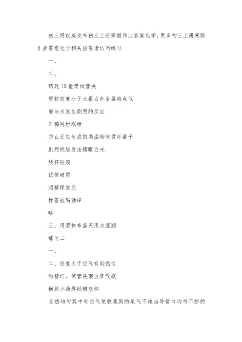 初三上册寒假作业答案(化学)