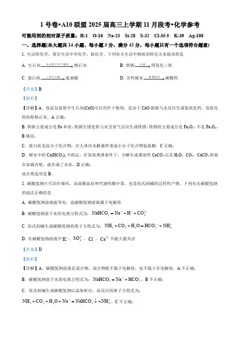 A10联盟2024-2025学年高三上学期11月份段考化学试卷含答案