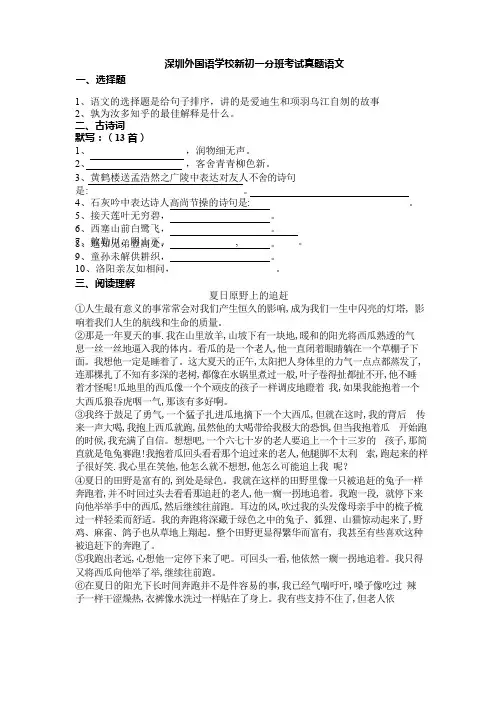深圳外国语学校新初一分班考试真题-语文