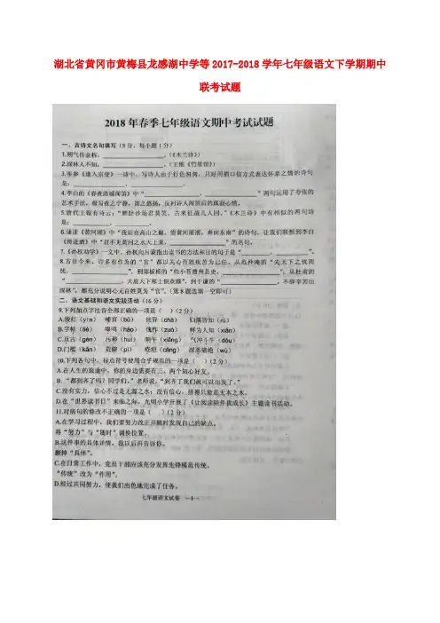 湖北省黄冈市黄梅县龙感湖中学等2017-2018学年七年级语文下学期期中联考试题(扫描版) 新人教版
