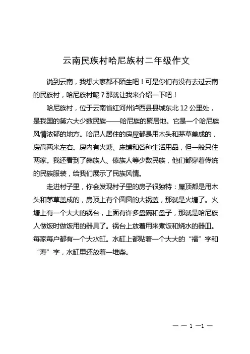 云南民族村哈尼族村二年级作文