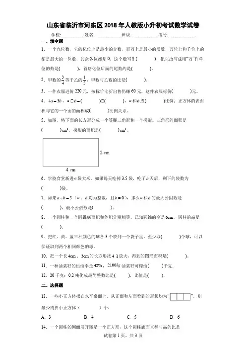 山东省临沂市河东区2018年人教版小升初考试数学试卷及参考答案