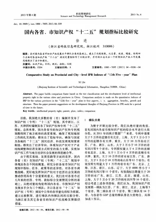国内各省、市知识产权“十二五”规划指标比较研究
