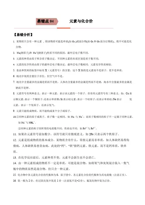 易错点04 元素与化合价-备战2021年中考化学一轮复习易错题(原卷版)