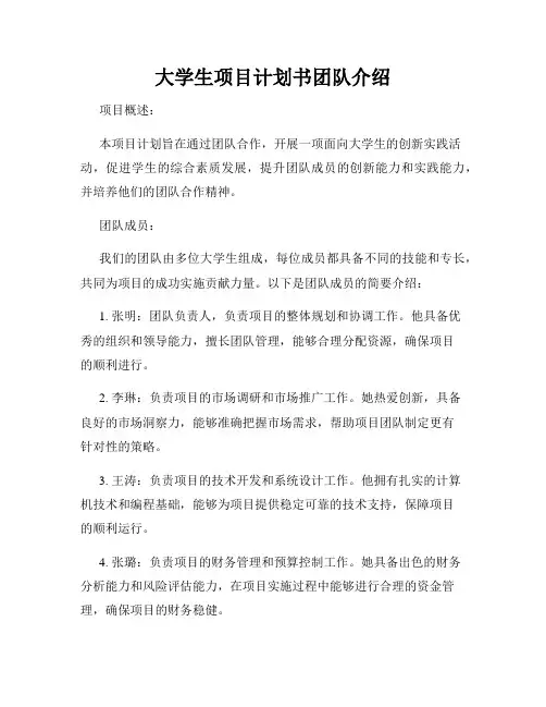 大学生项目计划书团队介绍