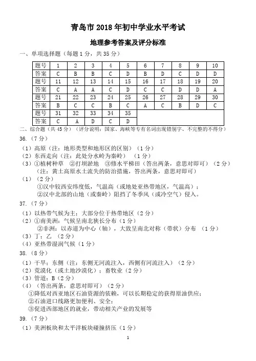 2018年青岛中考试题及答案(地理)