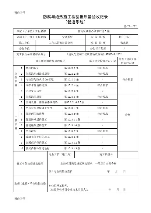 (整理)鲁TK-057防腐与绝热施工检验批质量验收记录表(管道系统)