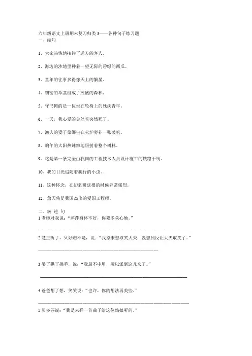 六年级语文上册期末复习归类3——各种句子练习题
