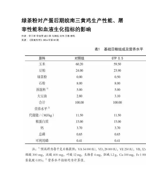 绿茶粉对产蛋后期皖南三黄鸡生产性能、屠宰性能和血液生化指标的影响