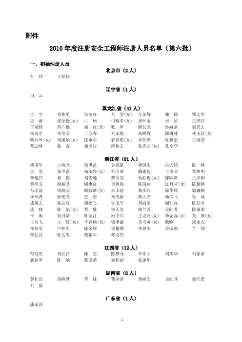 2010年度注册安全工程师注册人员名单(第六批)