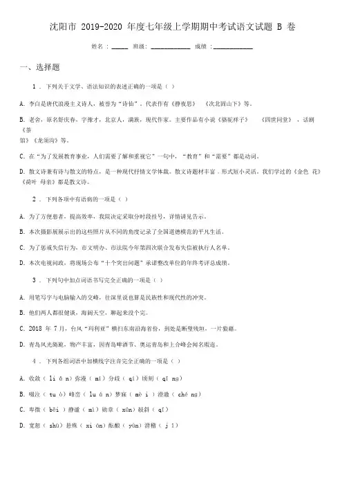 沈阳市2019-2020年度七年级上学期期中考试语文试题B卷