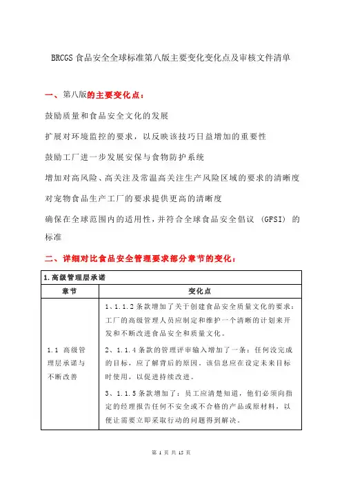 BRCGS食品安全全球标准第八版主要变化变化点及审核文件清单