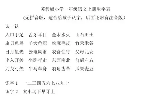 苏教版小学一年级语文上册生字表(附注音版和无拼音版)