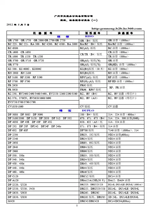油墨版纸型号对照表