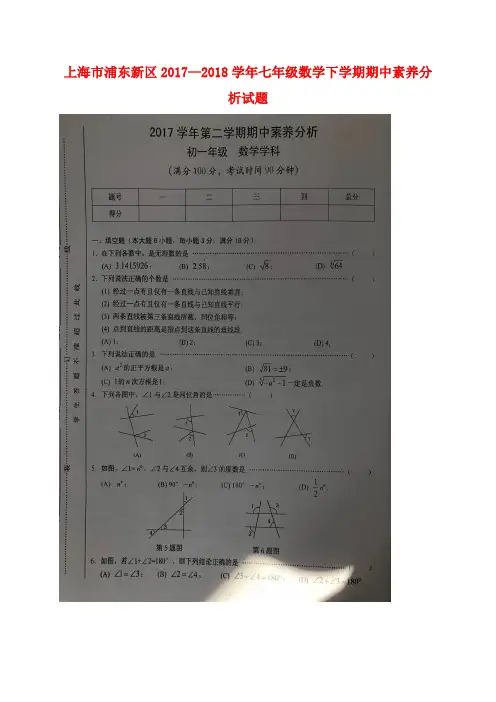 上海市浦东新区2017-2018学年七年级数学下学期期中素养分析试题(扫描版) 新人教版五四制