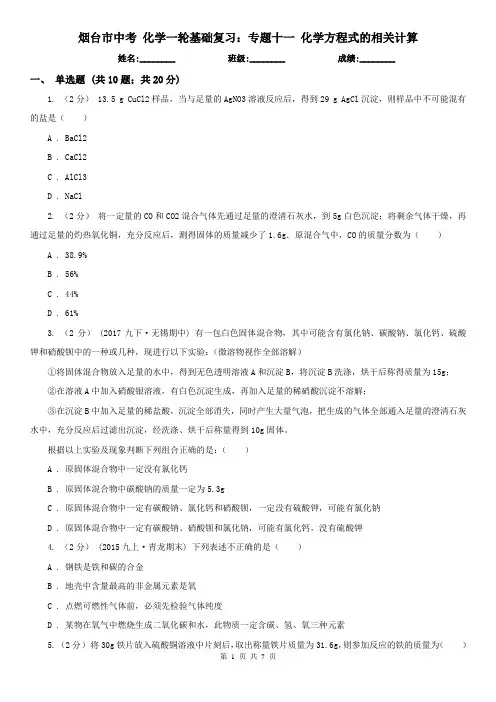 烟台市中考 化学一轮基础复习：专题十一 化学方程式的相关计算