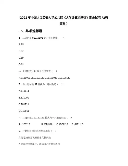 2022年中国人民公安大学公共课《大学计算机基础》期末试卷A(有答案)