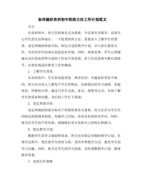 如何做好农村初中的班主任工作计划范文