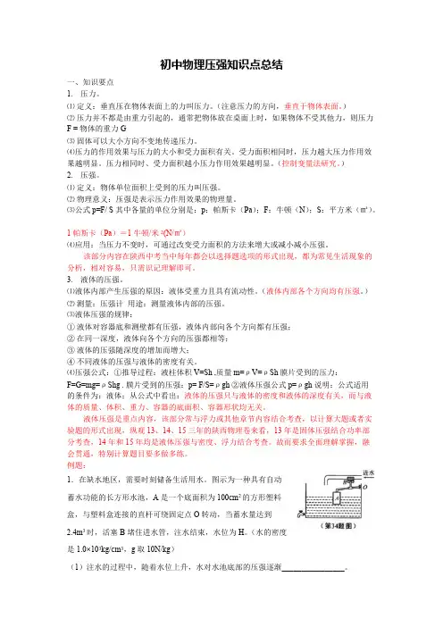 初中物理压力压强知识点总结+经典练习题+答案