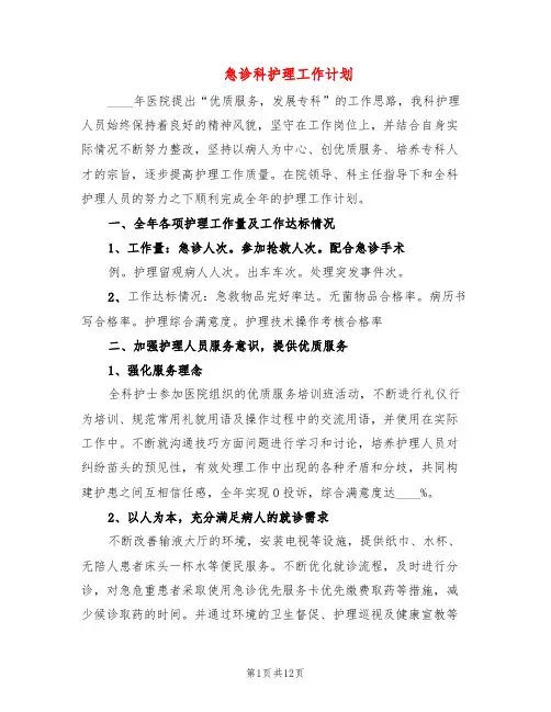 急诊科护理工作计划(5篇)