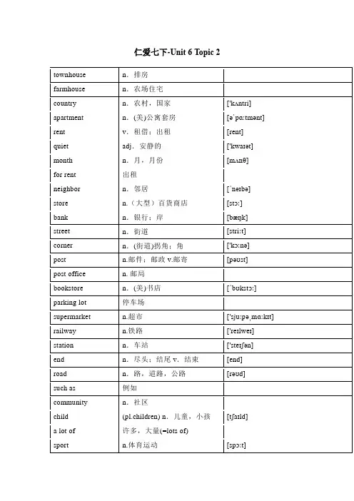 仁爱版七年级下册英语-Unit 6：Topic 2单词汇总 知识梳理