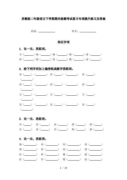 苏教版二年级语文下学期期末检测考试复习专项提升练习及答案