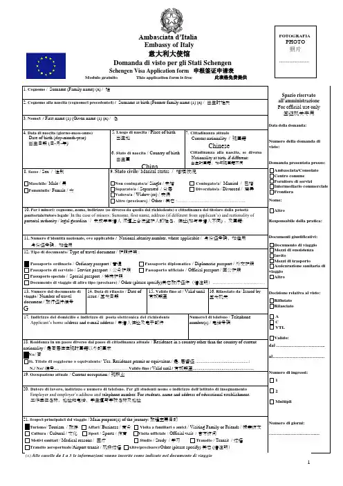 意大利签证申请表
