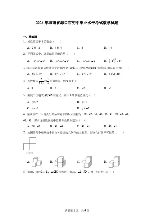 2024年海南省海口市初中学业水平考试数学试题
