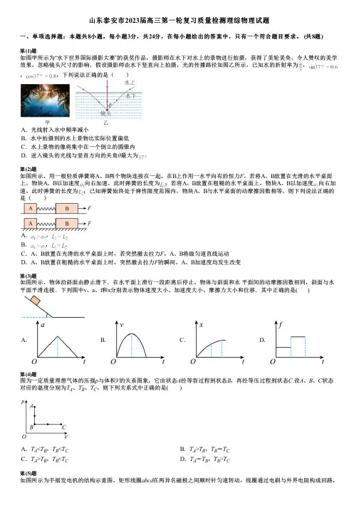 山东泰安市2023届高三第一轮复习质量检测理综物理试题