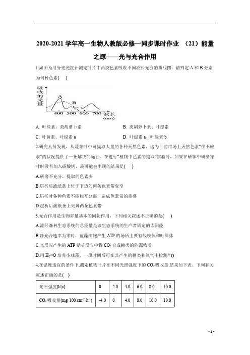 2021高一生物人教版必修一同步 (21)能量之源__光与光合作用 含解析