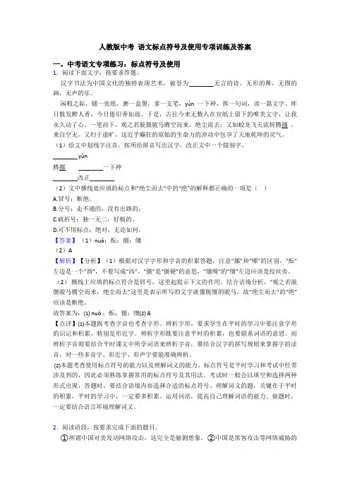 人教版中考 语文标点符号及使用专项训练及答案