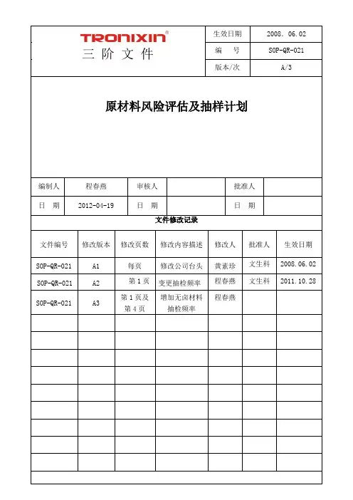 SOP-QR-021原材料风险评估及抽样计划