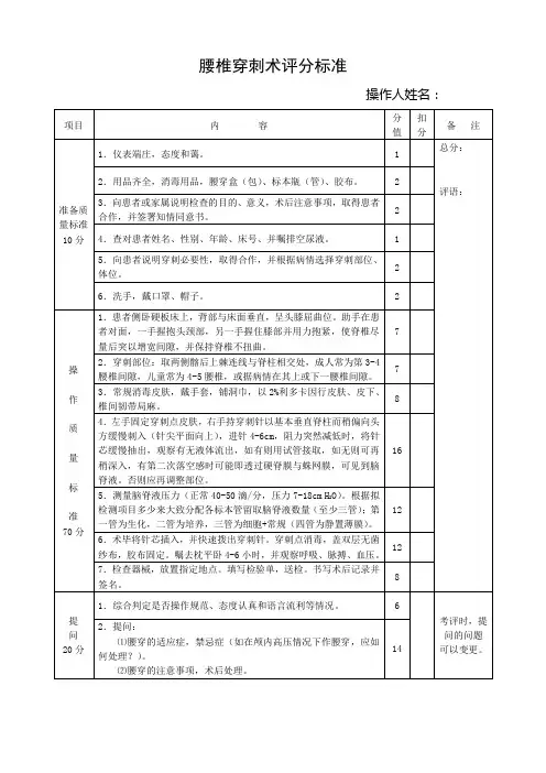 腰椎穿刺术评分标准