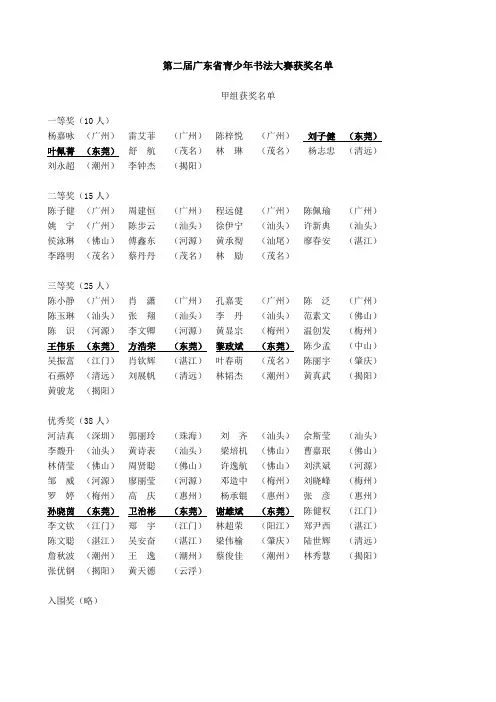第二届广东省青少年书法大赛获奖名单