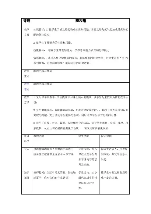高中化学_第3节  醛和酮  糖类教学设计学情分析教材分析课后反思