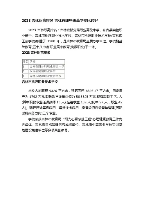 2023吉林职高排名吉林有哪些职高学校比较好