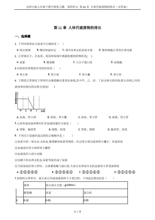 北师大版七年级下册生物复习题  第四单元 第11章 人体代谢废物的排出(无答案)