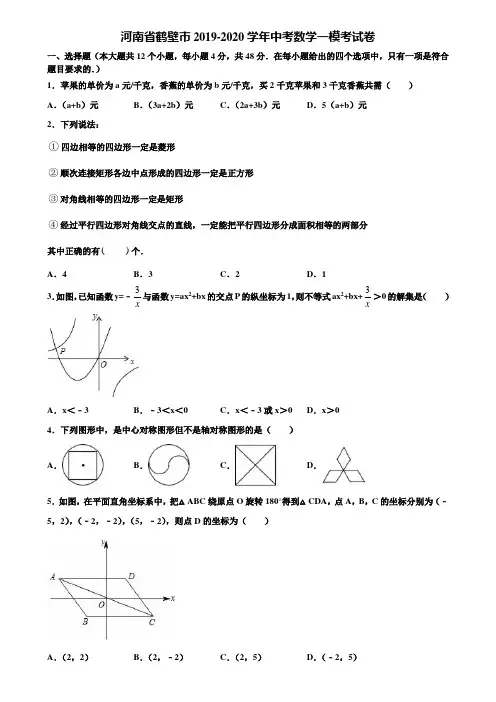 河南省鹤壁市2019-2020学年中考数学一模考试卷含解析
