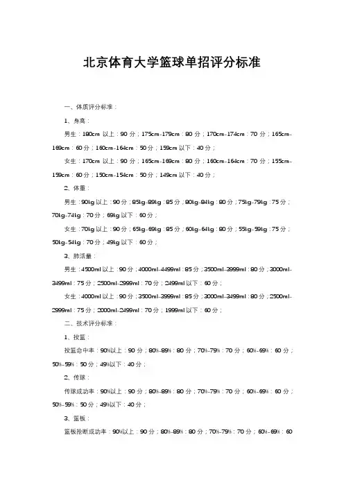 北京体育大学篮球单招评分标准