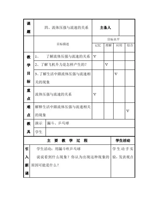 第十四章第四节流体的压强与流速的关系教学案